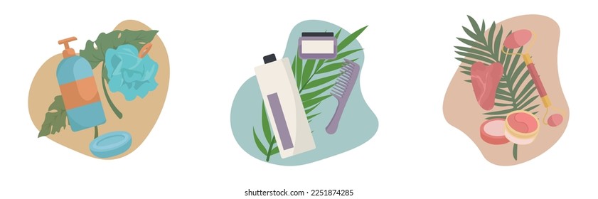 Collage of accessories for personal hygiene on white background