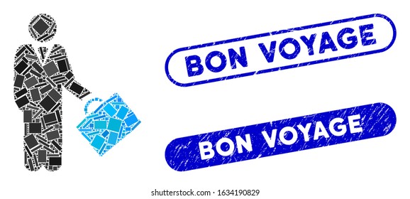 Collage account manager and corroded stamp seals with Bon Voyage caption. Mosaic vector account manager is created with randomized rectangle items. Bon Voyage stamp seals use blue color,