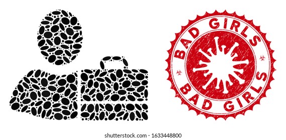 Collage accounter icon and red rounded distressed stamp seal with Bad Girls phrase and coronavirus symbol. Mosaic vector is composed with accounter icon and with randomized oval elements.