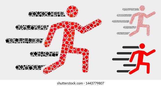 Collage Active person icon composed of round and square elements in random sizes, positions and proportions. Vector spheric and square items are composed into abstract collage active person icons.