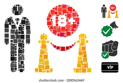 Collage Für Erwachsene nur Symbol aus quadratischen Elementen in verschiedenen Größen und Farbtönen. Vektorquadratische Elemente werden in abstrakte Collagen für Erwachsene nur Symbol vereint. Bonussymbole werden hinzugefügt.