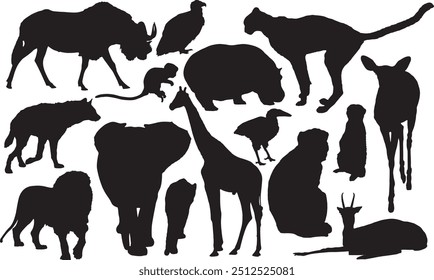 Collage with African mammals and birds vector silhouette