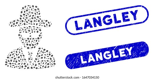 Collage agent and distressed stamp seals with Langley caption. Mosaic vector agent is designed with randomized oval dots. Langley stamp seals use blue color, and have round rectangle shape.