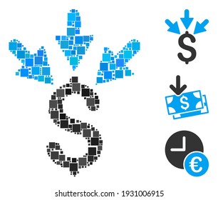 Collage Aggregate payment icon organized from square items in variable sizes and color hues. Vector square items are composed into abstract collage aggregate payment icon. Bonus pictograms are placed.