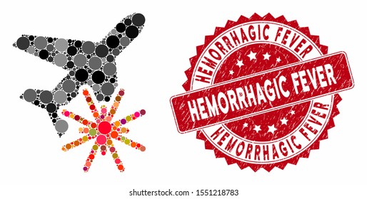 Collage aiplane explosion and rubber stamp seal with Hemorrhagic Fever phrase. Mosaic vector is composed with aiplane explosion icon and with randomized spheric spots.
