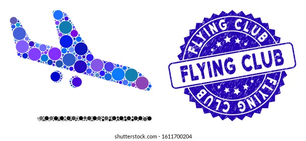 Collage aiplane landing icon and rubber stamp watermark with Flying Club text. Mosaic vector is designed with aiplane landing icon and with randomized spheric spots. Flying Club stamp uses blue color,