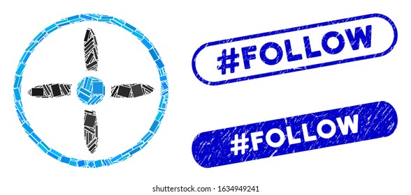 Collage air screw and grunge stamp seals with #Follow caption. Mosaic vector air screw is composed with scattered rectangle items. #Follow stamp seals use blue color, and have round rectangle shape.