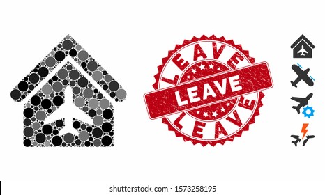 Collage aircraft hangar icon and distressed stamp seal with Leave text. Mosaic vector is composed with aircraft hangar icon and with randomized circle elements. Leave stamp seal uses red color,