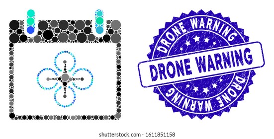Collage airdrone calendar day icon and grunge stamp seal with Drone Warning caption. Mosaic vector is formed with airdrone calendar day icon and with randomized spheric items.