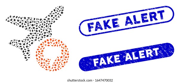 Collage airplane fail and grunge stamp seals with Fake Alert text. Mosaic vector airplane fail is designed with randomized elliptic dots. Fake Alert stamp seals use blue color,