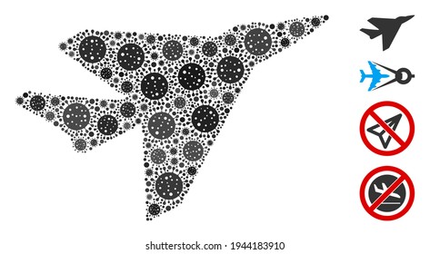 Collage Flugzeug Abfangen von SARS-Virus-Symbole in zufälligen Größen und Farbtönen vereint. Vektorvirussymbole werden zu einem abstrakten Aufrufsymbol für Flugzeuge zusammengeführt. Es werden einige Bonussymbole hinzugefügt.