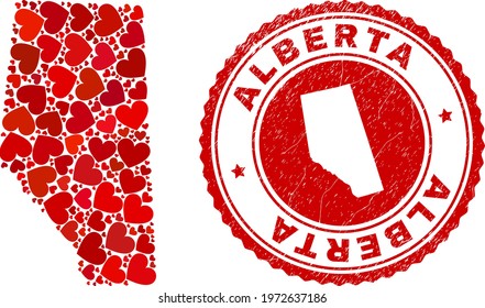 Collage Alberta Province map created with red love hearts, and corroded seal stamp. Vector lovely round red rubber seal stamp imprint with Alberta Province map inside.