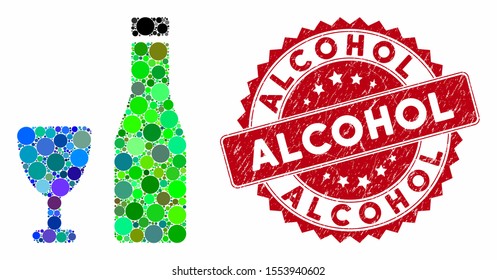 Collage alcohol and grunge stamp seal with Alcohol phrase. Mosaic vector is designed with alcohol icon and with randomized circle items. Alcohol seal uses red color, and grunge texture.