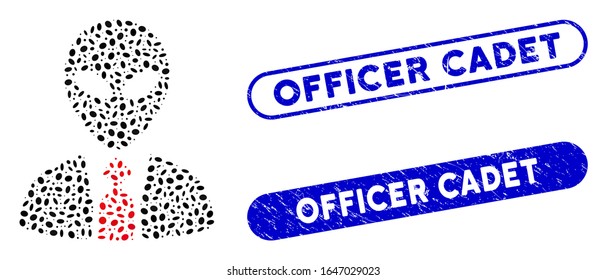 Collage alien boss and corroded stamp seals with Officer Cadet text. Mosaic vector alien boss is composed with random elliptic items. Officer Cadet stamp seals use blue color,