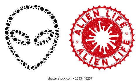 Collage Alien icon and red rounded grunge stamp seal with Alien Life phrase and coronavirus symbol. Mosaic vector is created with Alien icon and with scattered elliptic items.