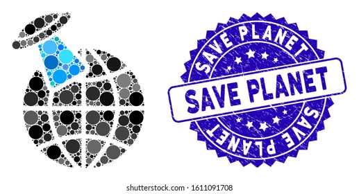 Collage alien visit planet icon and grunge stamp seal with Save Planet caption. Mosaic vector is formed from alien visit planet icon and with scattered spheric items.