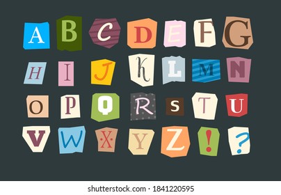 Collage alphabet. Sliced letters various funny style font for flyer or anonymous notes vector colored punk alphabet