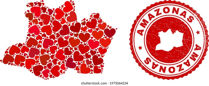 Collage Amazonas State map created with red love hearts, and scratched seal stamp. Vector lovely round red rubber seal stamp imitation with Amazonas State map inside.