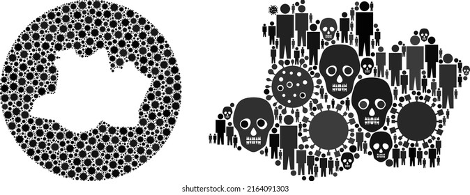 Collage Amazonas State map designed from flu virus items and men and mortal items. Pandemic virus Amazonas State map collage created with circle and carved shape.