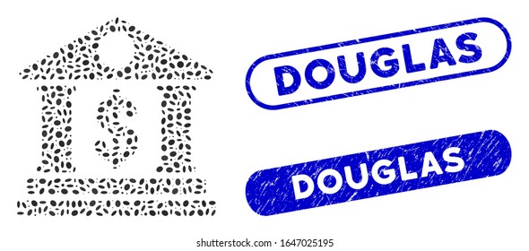 Collage American bank building and distressed stamp seals with Douglas caption. Mosaic vector American bank building is formed with randomized elliptic parts. Douglas seals use blue color,