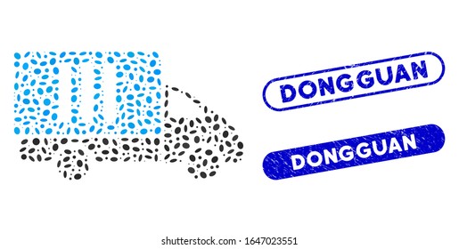 Entrega de análisis de collage y sellos de sellos corroídos con la frase Dongguan. La entrega de análisis de vectores mosaicos está formada por elementos elípticos dispersos. Los sellos de sello de Dongguan tienen color azul,