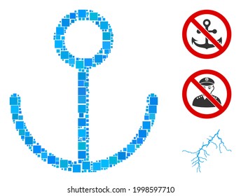 Collage Anchor icon designed from square elements in random sizes and color hues. Vector square elements are united into abstract collage anchor icon. Bonus pictograms are added.
