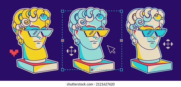 Collage and ancient sculpture in sunglasses   nostalgia 8  bit user interface elements  Illustration in 90's style in fun hipster interpretation  Old computer aesthetic  retro colors 
