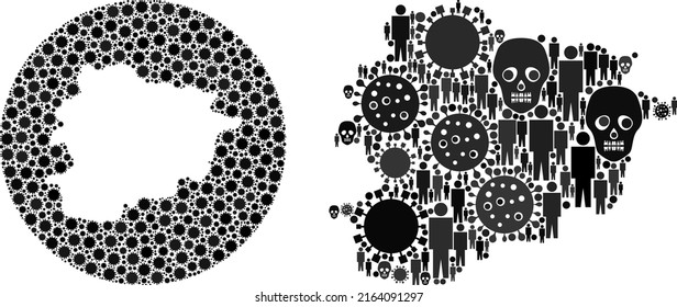 Collage Andorra map composed of flu virus icons and men and death icons. Flu virus Andorra map mosaic created with circle and cut out shape. Mosaics designed for health care doctrines.