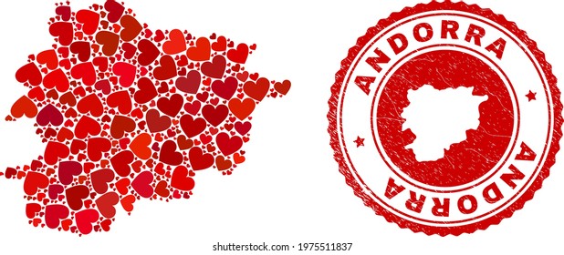 Collage Andorra map designed with red love hearts, and rubber seal stamp. Vector lovely round red rubber stamp imprint with Andorra map inside.