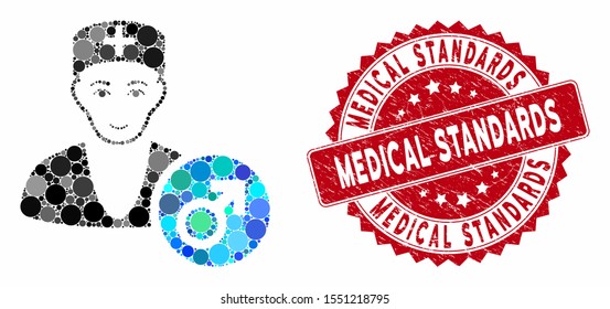 Collage andrologist doctor and rubber stamp seal with Medical Standards phrase. Mosaic vector is composed with andrologist doctor icon and with randomized spheric spots.