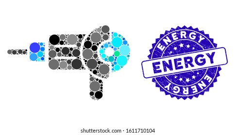 Collage angle grinder icon and grunge stamp seal with Energy text. Mosaic vector is designed with angle grinder icon and with randomized round elements. Energy stamp seal uses blue color,