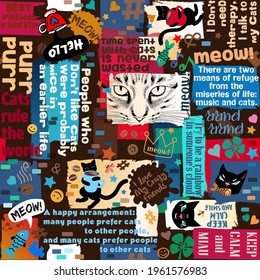 Collage with animals, stars, hearts  and saying, quotes about cats. Seamless pattern, collage with text. Design for prints, gift, shirts, packaging, interiors, Cat Cafe, Pet supplies