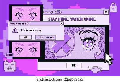 Collage of anime eyes and user interface elements in pixel art style.