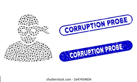 Collage de ladrón anonimioso y sellos de goma con la leyenda de la sonda Corrupción. El ladrón anonimioso vector mosaico se crea con puntos ovales aleatorios. Los sellos de sello de sondeo de corrupción utilizan color azul,