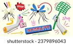 Collage with anti-mosquito elements. Vector illustration in retro collage style with halftone effect and doodle elements.