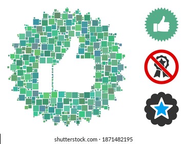 Collage Approval rosette icon united from square items in different sizes and color hues. Vector square items are grouped into abstract collage approval rosette icon. Bonus icons are placed.