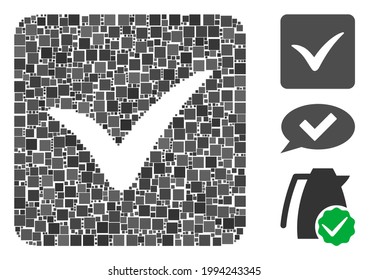 Collage Approve box icon composed of square items in variable sizes and color hues. Vector square items are grouped into abstract collage approve box icon. Bonus pictograms are placed.