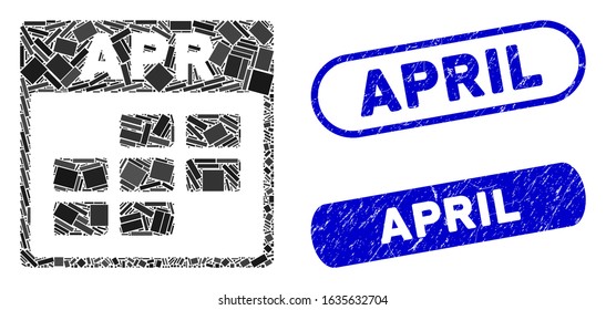 Collage April calendar grid and corroded stamp seals with April text. Mosaic vector April calendar grid is composed with randomized rectangle items. April stamp seals use blue color,
