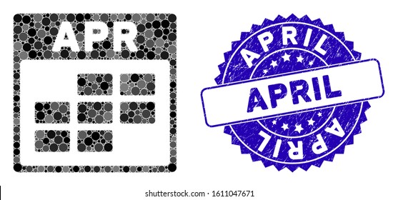 Collage April calendar grid icon and rubber stamp seal with April caption. Mosaic vector is formed from April calendar grid icon and with scattered circle spots. April stamp seal uses blue color,