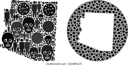Collage Arizona State map organized from virus outbreak elements and men and skeleton elements. Sick virus Arizona State map collage composed with sphere and subtracted space.