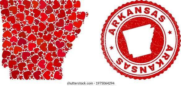 Collage Arkansas State map created with red love hearts, and dirty seal stamp. Vector lovely round red rubber stamp imprint with Arkansas State map inside.