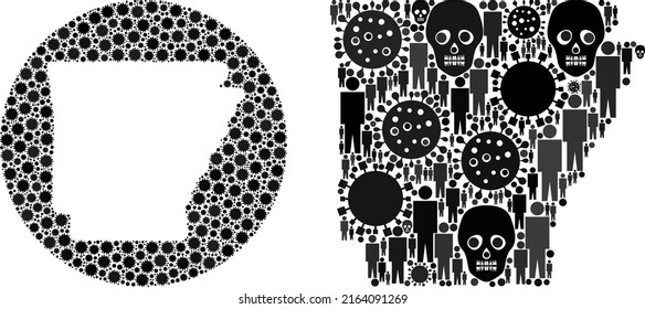Collage Arkansas State map organized from virus outbreak elements and men and skeleton elements. Evil virus Arkansas State map collage composed with sphere and hole.