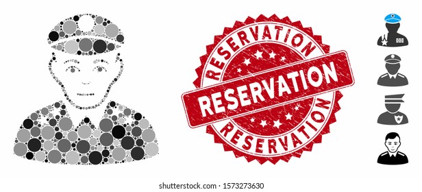 Collage army general icon and corroded stamp seal with Reservation phrase. Mosaic vector is designed with army general icon and with randomized round items. Reservation stamp seal uses red color,