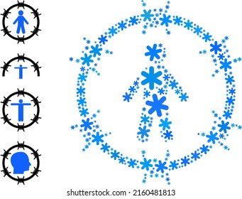Collage arrested man icon organized for winter, New Year, Christmas. Arrested man icon mosaic is organized of light blue snow icons. Some similar icons are added.