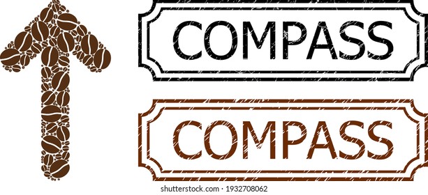 Collage arrow direction constructed from coffee beans, and grunge Compass rectangle badges with notches. Vector coffee icons are arranged into abstract mosaic arrow direction icon with brown color.