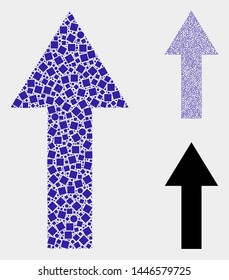 Collage Arrow up icon organized from circle and square items in various sizes, positions and proportions. Vector round and square items are arranged into abstract shape arrow up icons.