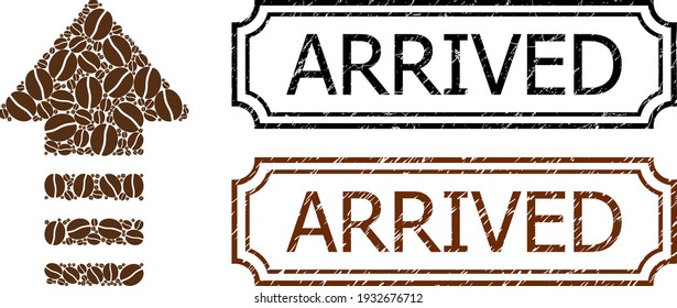 Collage arrow pointer organized from coffee seeds, and grunge Arrived rectangle stamps with notches. Vector coffee items are organized into abstract composition arrow pointer icon with brown color.