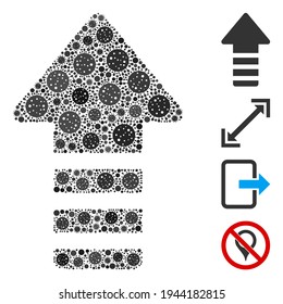Collage arrow pointer united from coronavirus items in various sizes and color hues. Vector infection items are united into abstract mosaic arrow pointer icon. Some bonus icons are added.