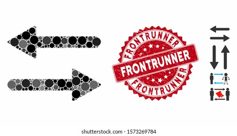 Collage arrows exchange horizontal icon and rubber stamp seal with Frontrunner text. Mosaic vector is created from arrows exchange horizontal icon and with random round spots.