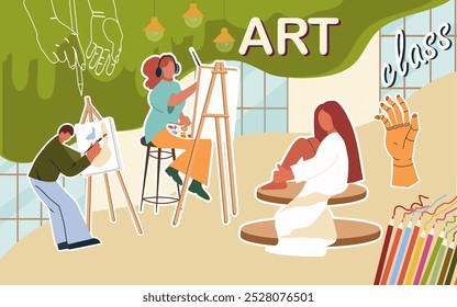 Collage art class, workshop, fine art, vector flat illustration, people characters, art supplies, background,  illustration, template, layout, decorative, element, collection. Hand drawn design.